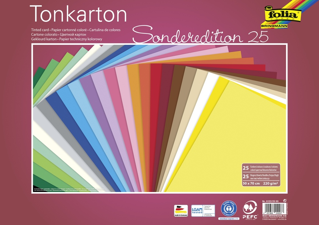Tonkarton 220g/m², 50x70cm, 25 Farben sortiert