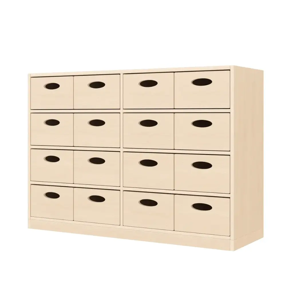 Regalschrank 79 cm - 16 Materialkästen, mit Holzsockel