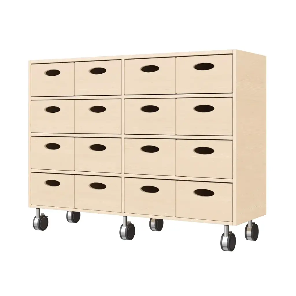 Regalschrank 79 cm - 16 Materialkästen, mit Festellrollen