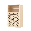 Regalschrank 120 cm - 24 Materialkästen, mit Holzsockel