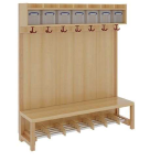 [110072] Komplettgarderobe, einfache Ablage mit Boxen, Stütze mit Paneelrückwand und Aluminiumrost mit Facheinteilung, für 7 Plätze; Maße: 140 x 39 cm⁺