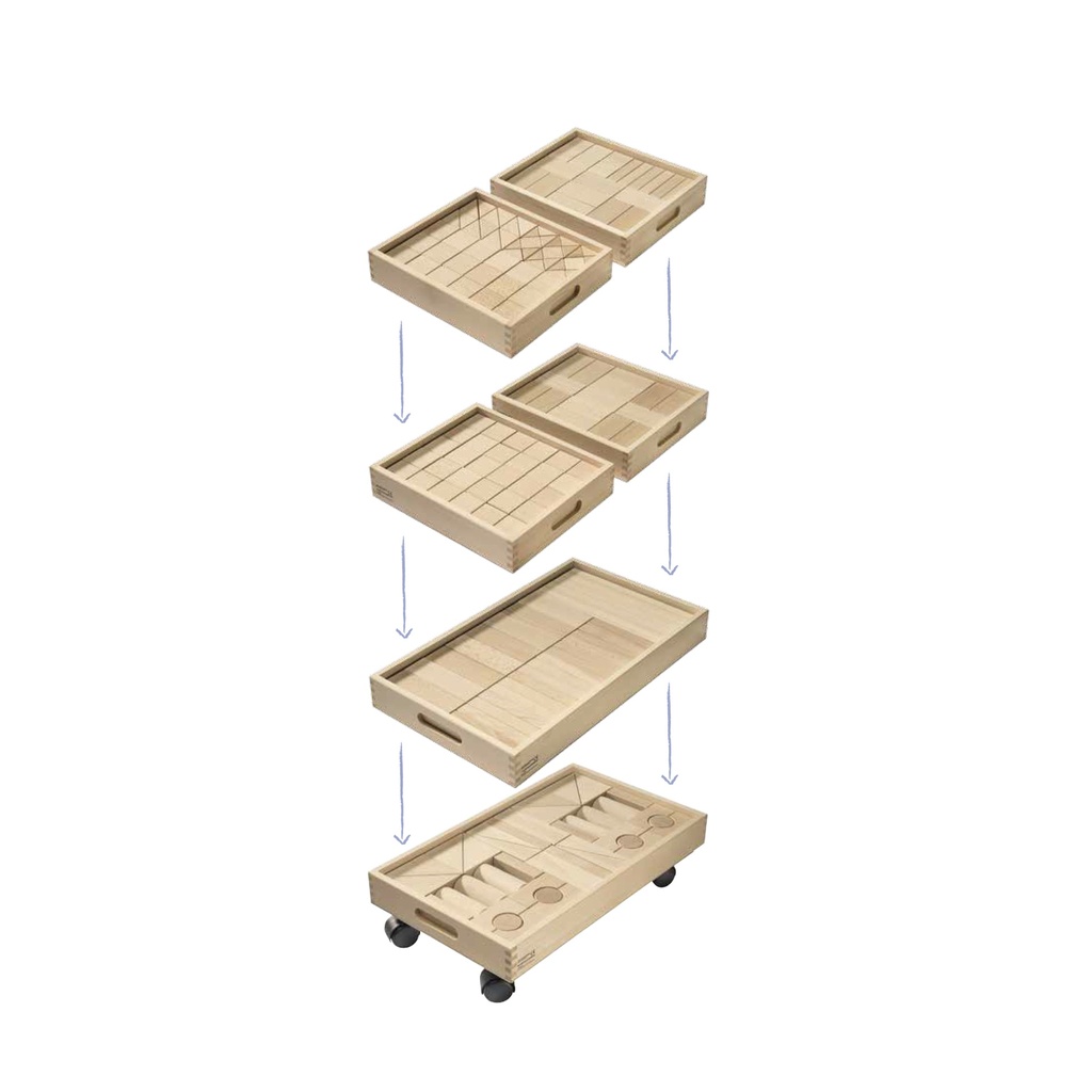 Fröbelwagen, 1x fahrbares Untergestell, 2 x großer Baukasten, 4 kleine Baukästen 230 Steine, Buche massiv