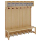 Komplettgarderobe, einfache Ablage mit Boxen, Stütze mit Paneelrückwand und Aluminiumrost mit Facheinteilung, für 7 Plätze; Maße: 140 x 39 cm⁺