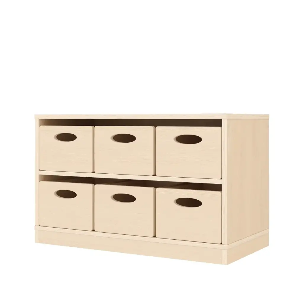 Regalschrank 44 cm - 6 Materialkästen, mit Holzsockel
