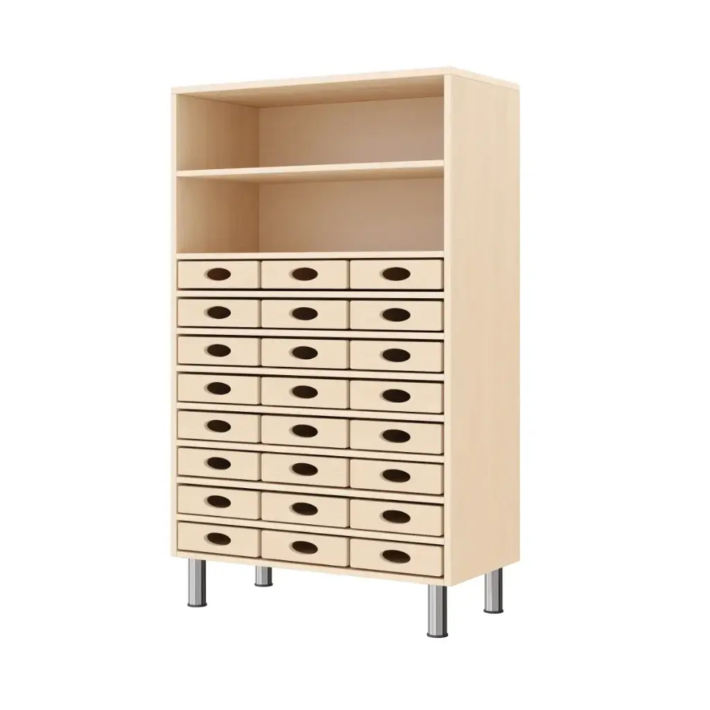 Regalschrank 120 cm - 24 Materialkästen, mit höhenverstellbaren Sockelfüßen